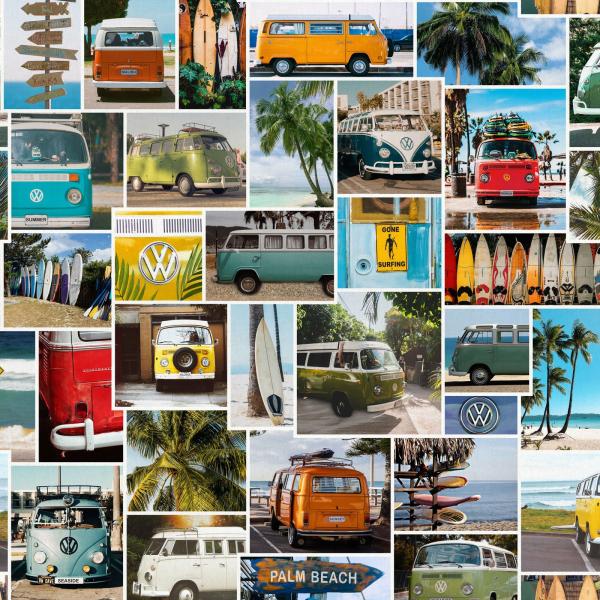Dekostoff Halbpanama mit Bulli, Fotocollage in Bunt, Nahaufnahme der Oberfläche